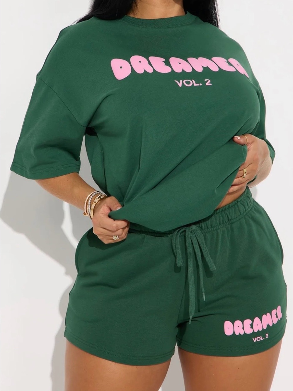 Fashion Nova Green 'Dreamer Vol. 2' Two-Piece Lounge Set with Pink Logo